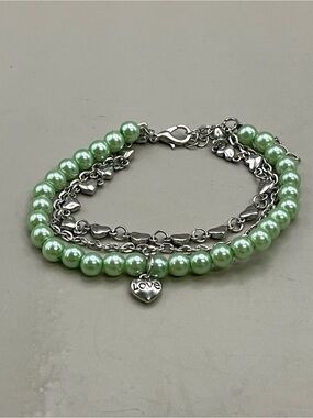 Mint Green Faux Pearl Love Heart Charm Layered Multi Strand Silver Chain